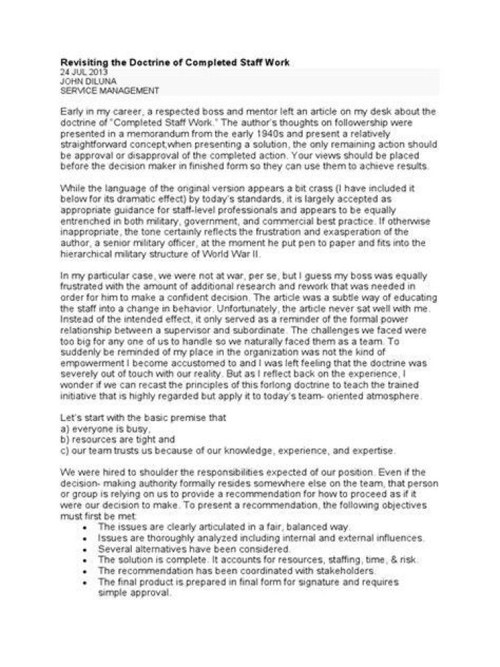 What are the elements of completed staff work?